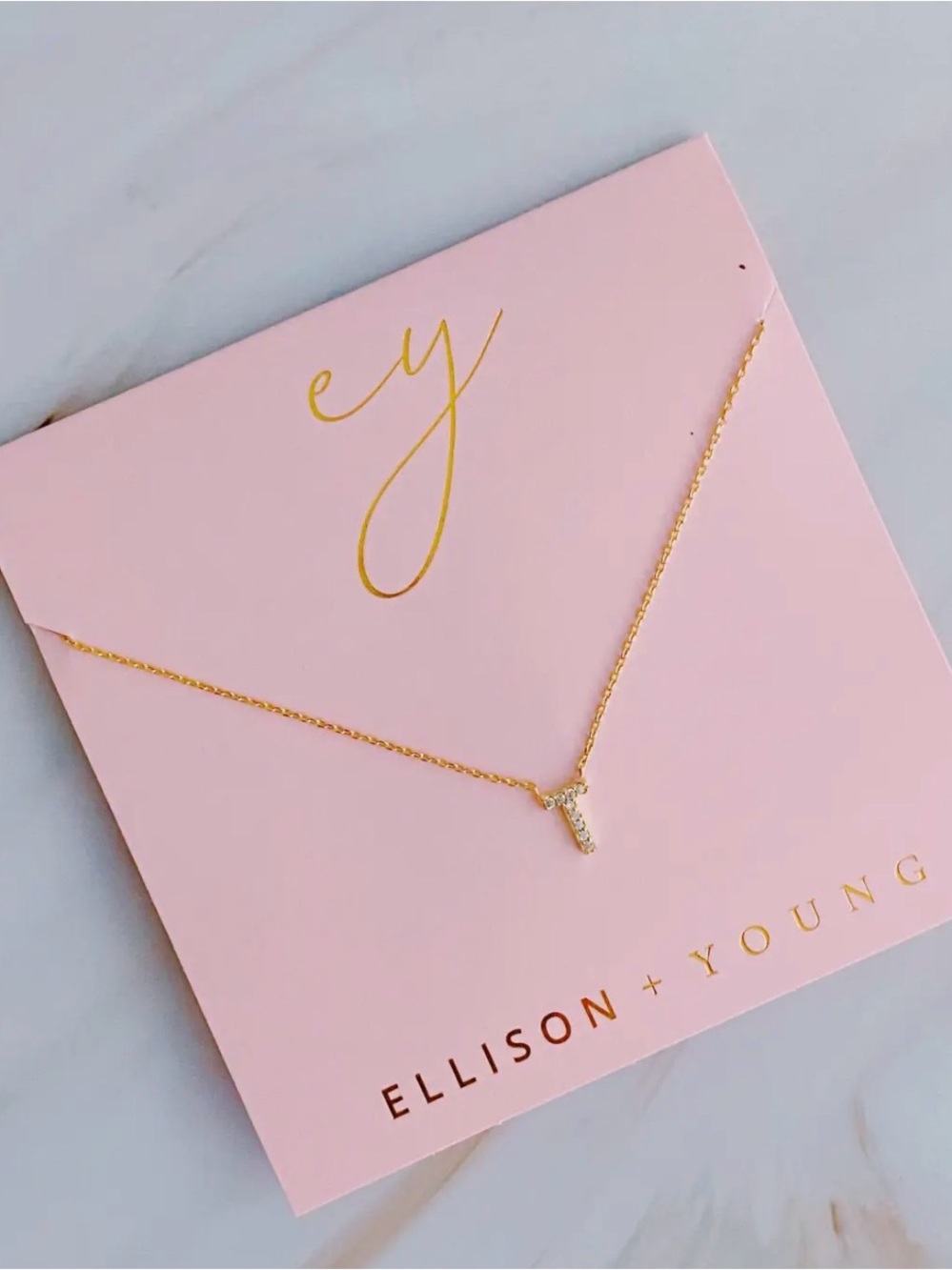 Gold Initial 'T’ Pendant Necklace - Pink Card